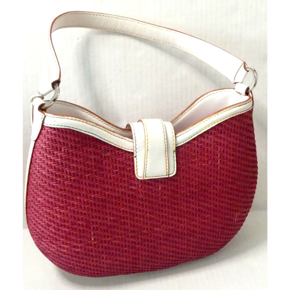 Pink Wicker Handbag Rattan White Leather Handle Buckle Elliott Lucca Colorful - Picture 5 of 13